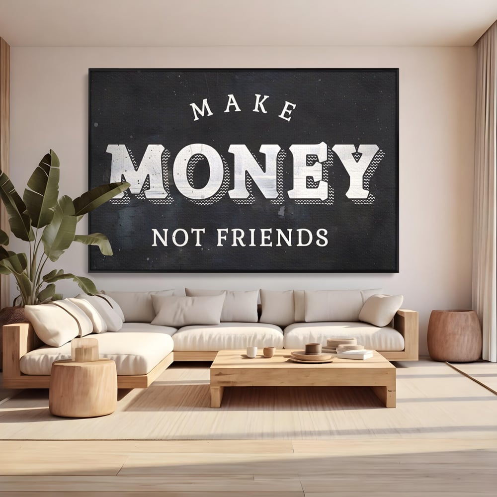 Tablou canvas cu tablou canvas cu mesaj motivational, in rama de aluminiu negru, pe perete intr-un living